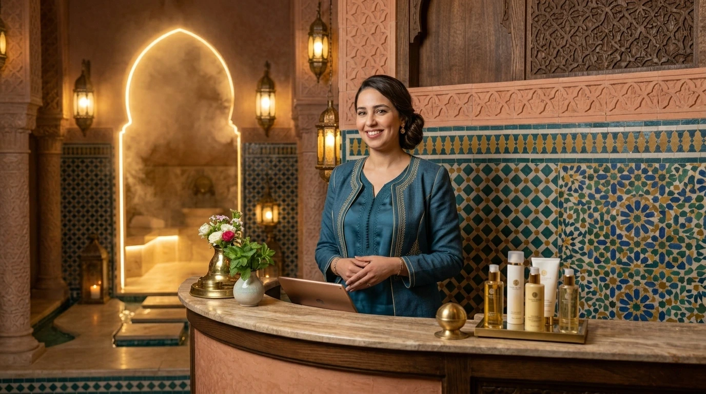Leila Mansouri, fondatrice du Hammam Zephyra, dans l'espace de soin — portrait environnemental chaud aux reflets dorés d'une lanterne marocaine